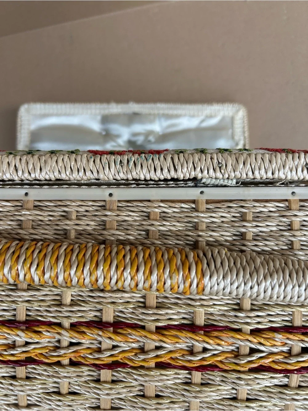 Vintage Wicker Sewing Basket Embroidered Needlepoint Lid Storage Box 70s Handle